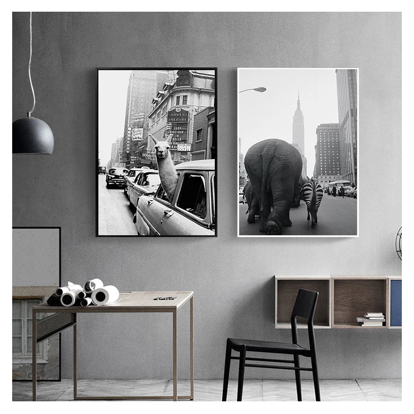Canvas Poster Painting Zoo Animals Elephant Zebra in New York City Photo Pictures Print Home Decor Animal Llama Vintage Wall Art