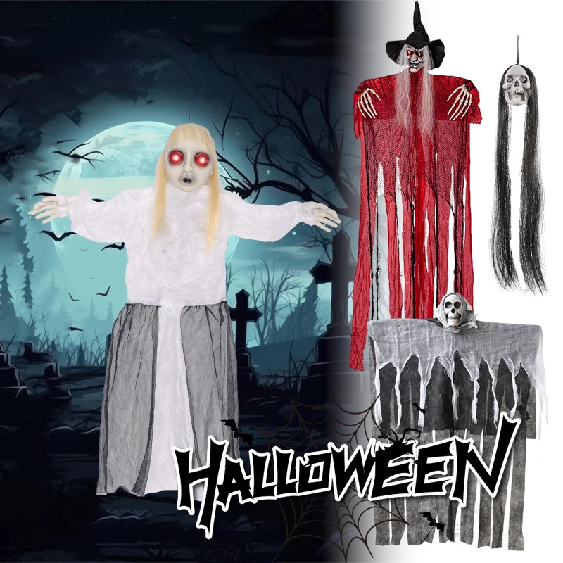 7 Styles Scary Halloween Decor Hanging Female Ghost Electric Voice Activated Pendant Horror Props for Haunted House Party