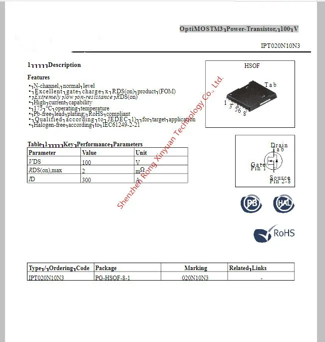 1-5 шт./лот IPT020N10N3 IPT020N10N3ATMA1 020N10N3 PG-HSOF-8-1 IPT020N10 MOSFET-N 100 В/300 А транзистор 100% оригинальный аутентичный