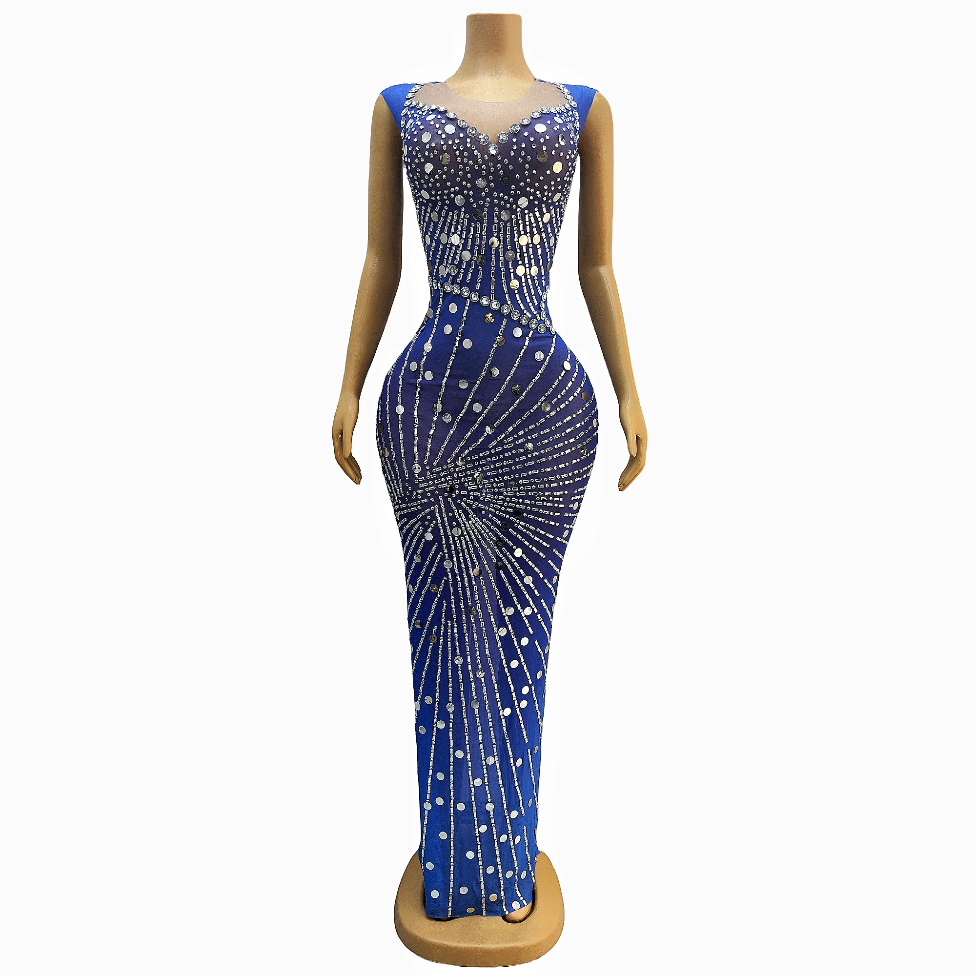 Sexy Silver Sequins Rhinestones Blue Dress Outfit Photo Shoot Dance Nightclub Costume Female Singer Dance Wear lanwen