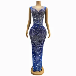 Sexy Silver Sequins Rhinestones Blue Dress Outfit Photo Shoot Dance Nightclub Costume Female Singer Dance Wear lanwen