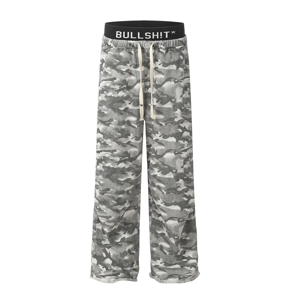 Streetwear Contrast Color Camouflage Drawstring Pants Mens Straight Patchwork Loose Baggy Trousers Ropa Hombre Casual Cargos