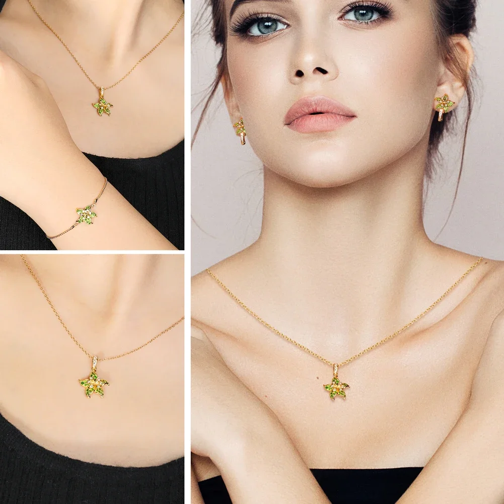 GZ ZONGFA Genuine 925 Sterling Silver Flower Pendant Necklace Set for women Natural Diopside 14K Gold Plated Trendy Fine Jewelry