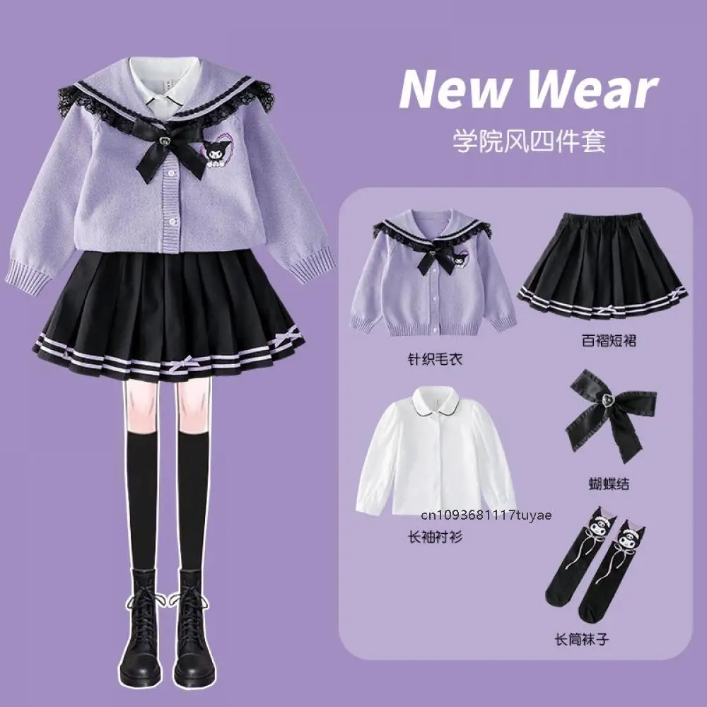 New Kuromi Children Jk Set Anime Sanrioes Y2K Kawaii Doll Collar Cardigan Shirt Pleated Skirt Teen Spring College Style Sweater