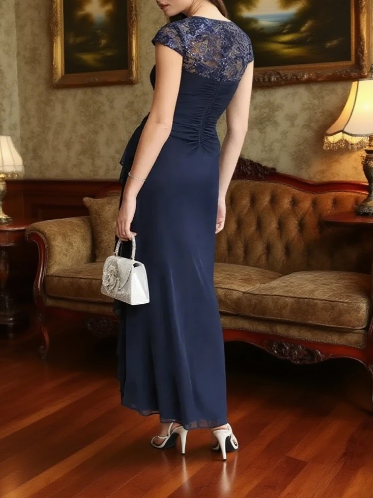 Exquisite Lace Beaded Ruffled Mother Dress Hat Sleeves Round Neck Pleated Body Ruffled Hem Formal Evening Dress Customized