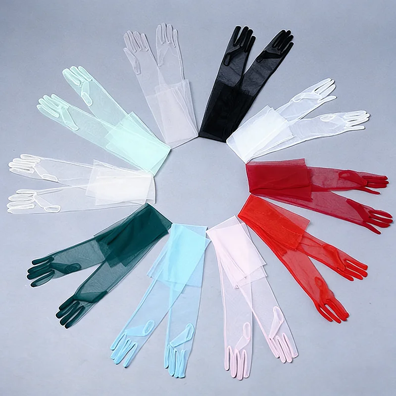 10-ペアの女性のセクシーな透明メッシュチュールエクストラロング手袋オペラ衣装パーティーダンス結婚式の花嫁ドレス写真撮影小道具