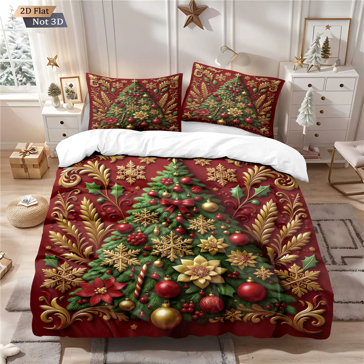 3-teiliges Bettwäsche-Set mit buntem Weihnachtsbaum-Aufdruck, kernlos, für Schlafzimmer, Schlafsaal, Bettwäsche, Dekoration, maschinenwaschbares Design
