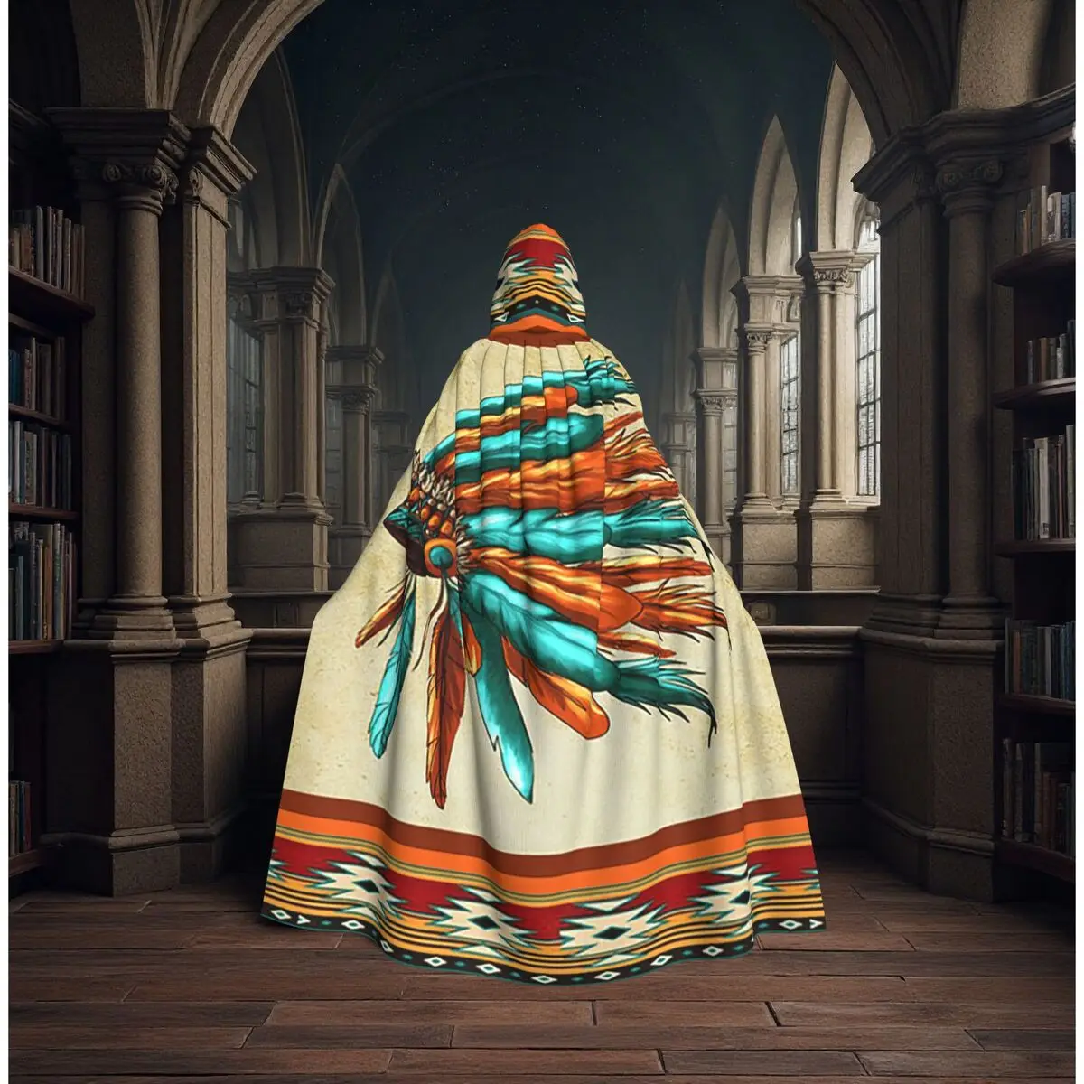 

Native American With Headdress Feathered Headpiece Long Hooded Cloak Witch Medieval Costume Cosplay Cape HalloweenParty Unisex