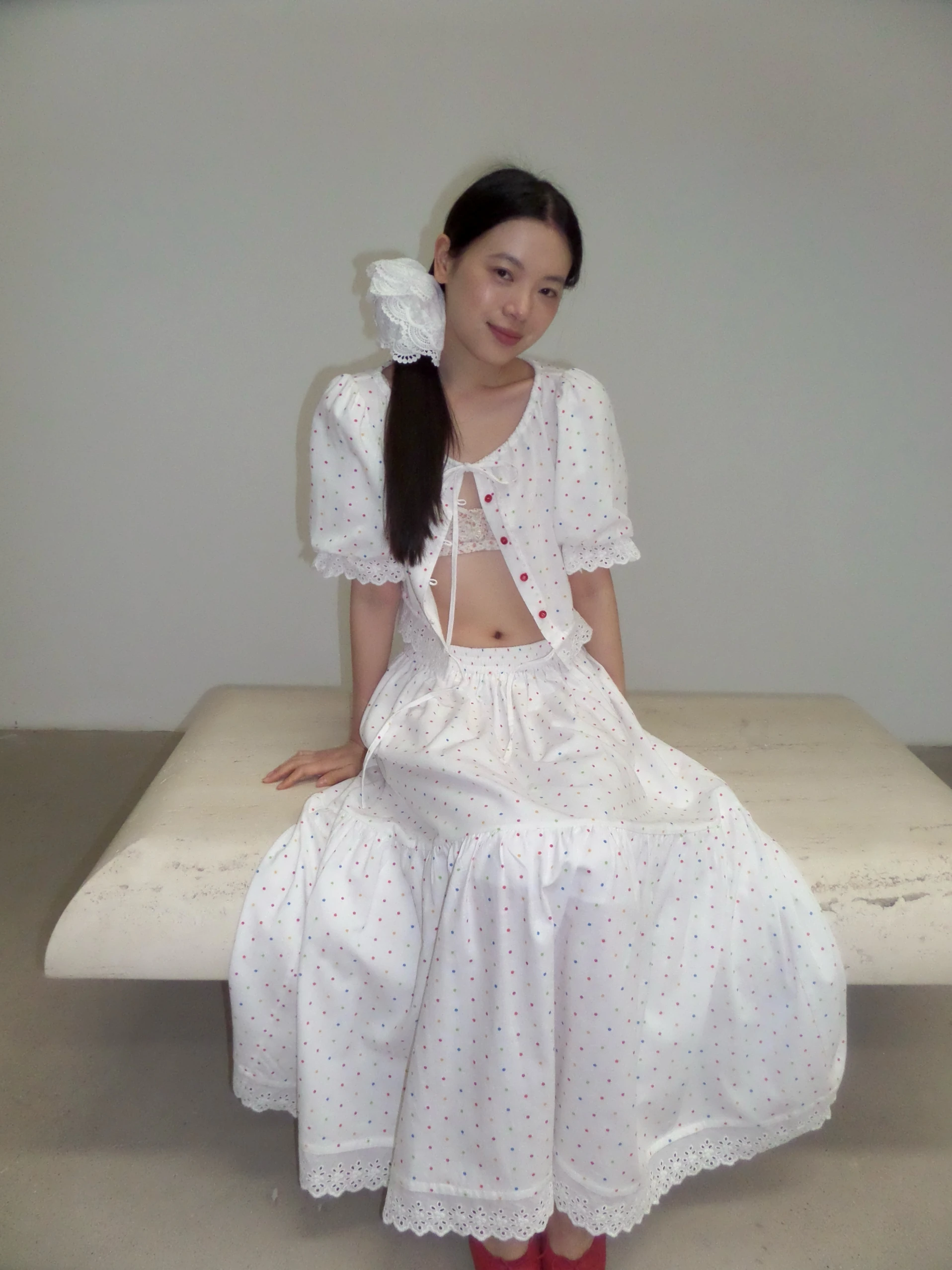 

Polka Dot Cotton Linen Lace Long Dr Set CozyCold "ILovePolkaDot" ort Top Maxi Skirt Ensemble Summer Faio...