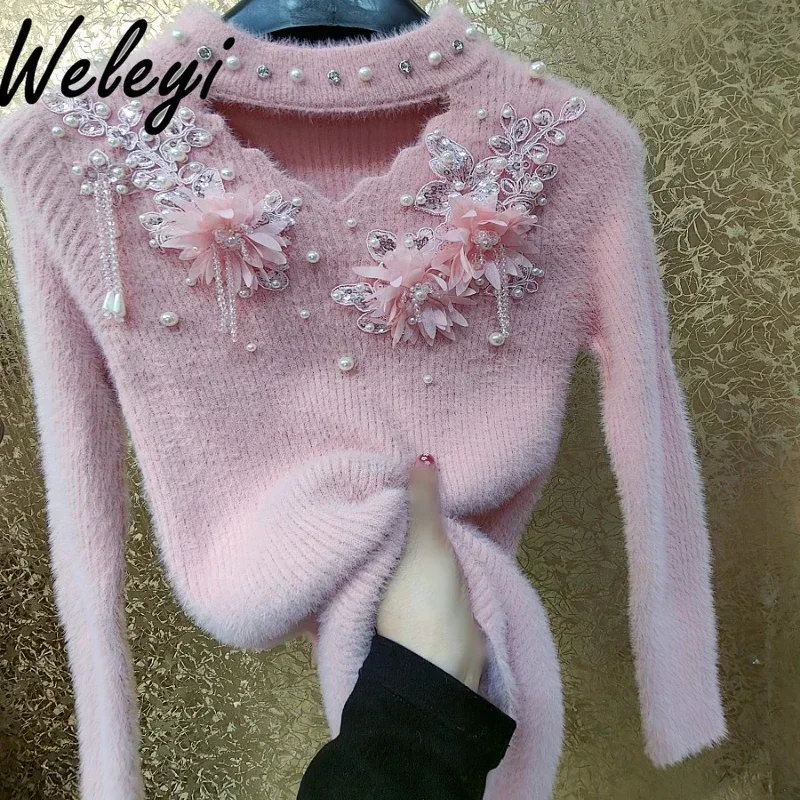 

Sweet Pink Thickened Elastic Rhinestone Sweater Feminino New Chinese Style Beauty Beaded Silk Yarn 3D Flowers Pullover Knitwear