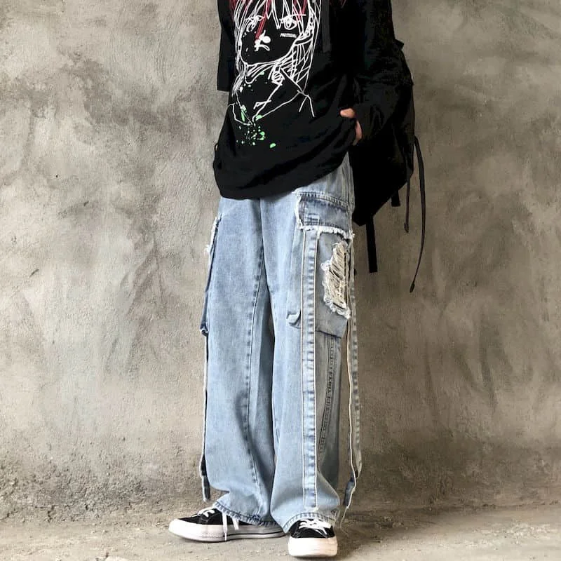 New Autumn Spring Harajuku Jeans Men's Straight Pants Vintage Gothic Wide Leg Denim Pants Loose Punk Trousers  Streetwear