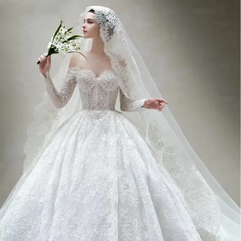 Ball Gown Lace Wedding Dress Sweetheart Neck Long Sleeve Princess Vestido De Novia Backless Off The Should Bride Gown Customize