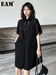 [EAM] Women Black Pocket Perspective Big Size Mini Shirt Dress New Lapel Half Sleeve Fashion Tide Spring Autumn 2024 1DH5144