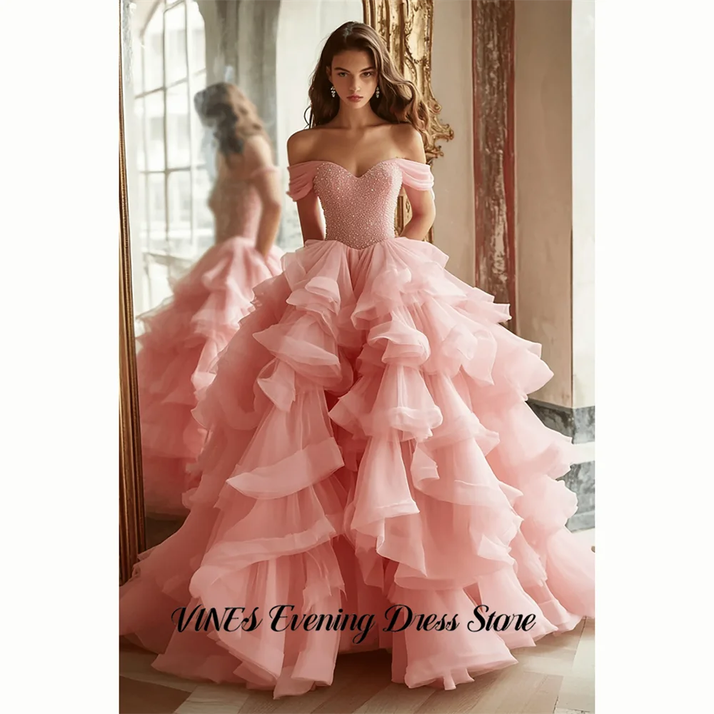 

VINES Pink Party Dresses Off Shoulder Princess Evening Dresses Beaded Prom Gown Layered Ruffled Tulle Wedding Dress Customized