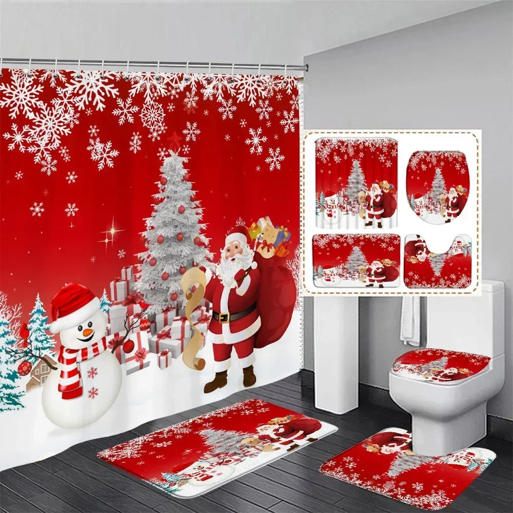 Cute Snowman Shower Curtain Set Winter Forest Xmas Trees Snowflake Pink Christmas Decoration Bathroom Bath Mats Toilet Lid Cover