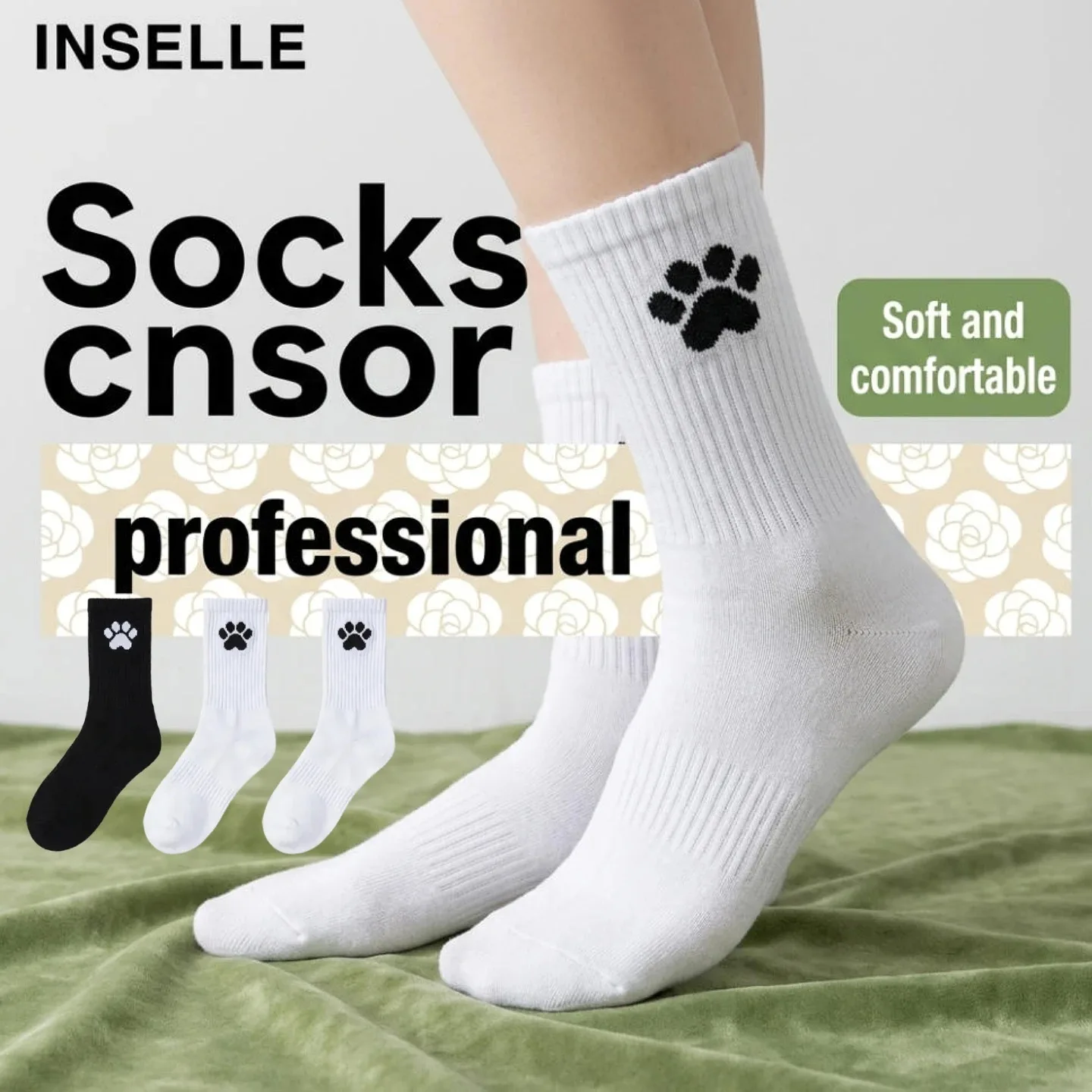 Simple paw print embroidery, ube pile socks for women,black and white basic design,vertical pattern anti slip