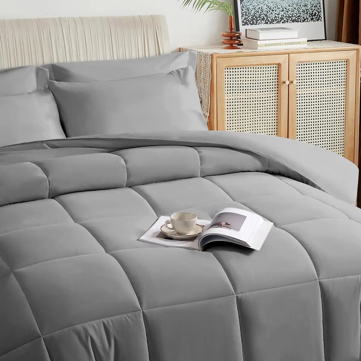 

Grey Full Size Comforter Set - 7 Pieces, Bed in a Bag Bedding Sets with All Season Soft Quilted Warm Fluffy Reversible Comforter