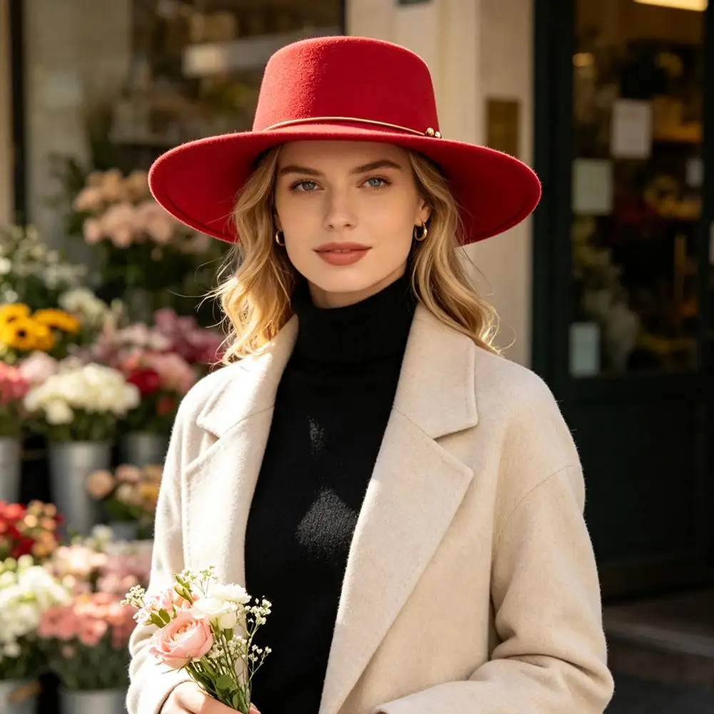 Brim Fashion Accessories Retro Wool Felt Pork Pie Hat Wide Brim Bowler Hat with Metal Ring Classic Black Fedora Hat for Women