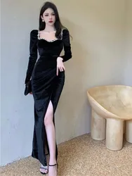 Sexy Bodycon Evening Party Dress Women Autumn New Velvet Diamonds Prom Robe Ladies France Vintage Split Mermaid Vestidos Mujer