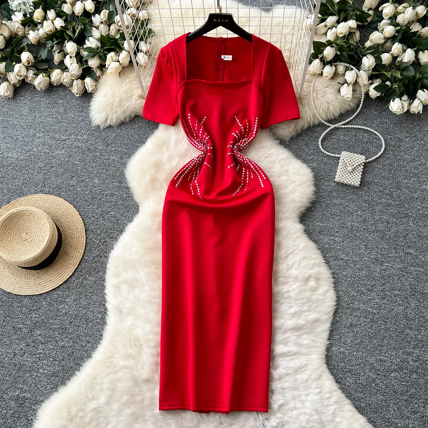 

rhinestone Elegant Sexy short sleeve zipper pencil dress Summer Women Slim square neck Long dress women clothing