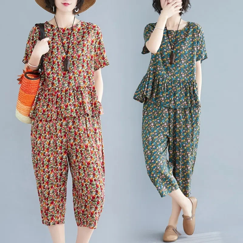 5XL Middle aged Female Pants Suit Cotton Two Piece Set Women Summer Printing Casual Set Top+Pants Two Piece Set Mom Style