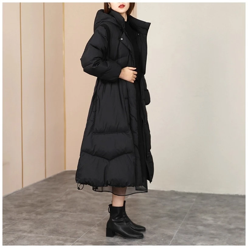 الكورية نمط سميكة الدافئة فضفاضة مقنعين طويلة أسفل معطف المرأة الشتاء حزام الخصر الموضة #2