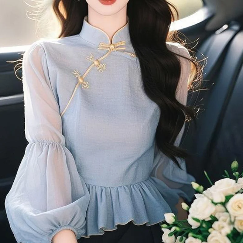 Dames tempérament Style chinois lanterne manches Blouse printemps automne Vintage mode boutons col montant chemises femmes vêtements