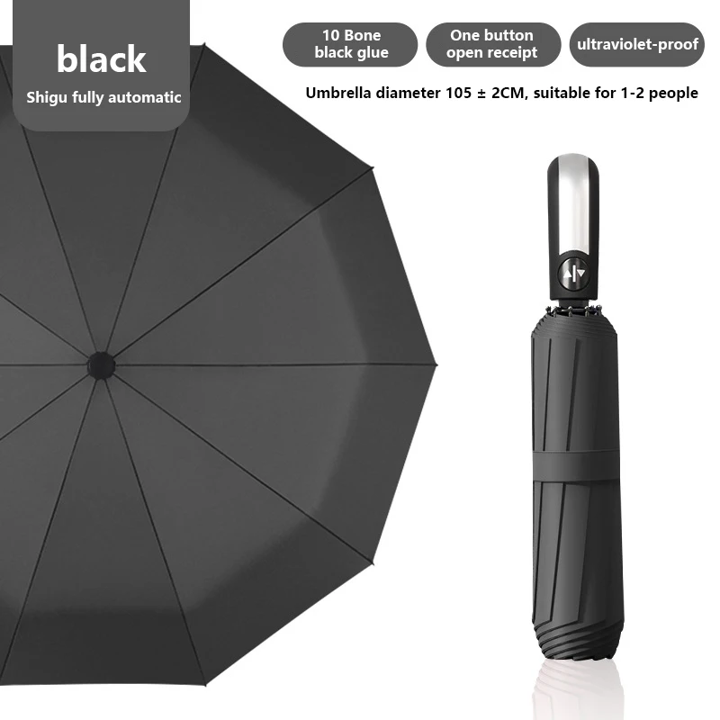 Automatic Rain & Sun Umbrella Black Coating Parasol Anti-UV 3 Folding Wind Resistant Auto Luxury Big Windproof Women Men 8Ribs