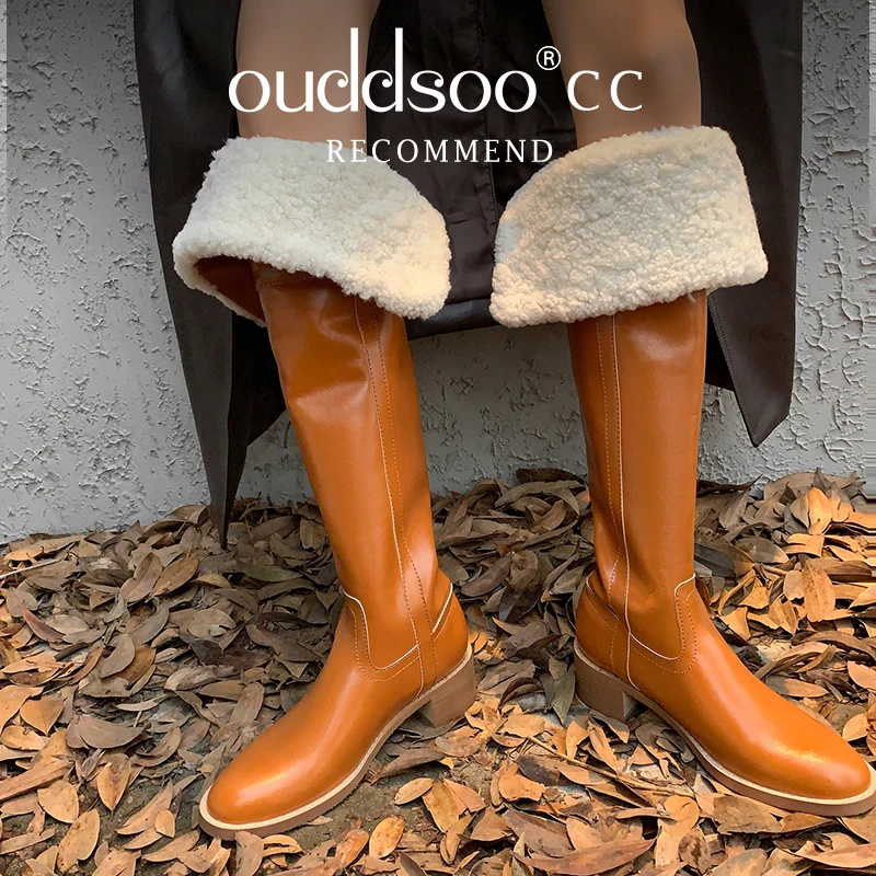 

Ods Women Genuine Leather Thigh High Fur Wool Boots Round Toe Flat Ladies Fashion Over-the-Knee Long Winter Shoes Brown Warm