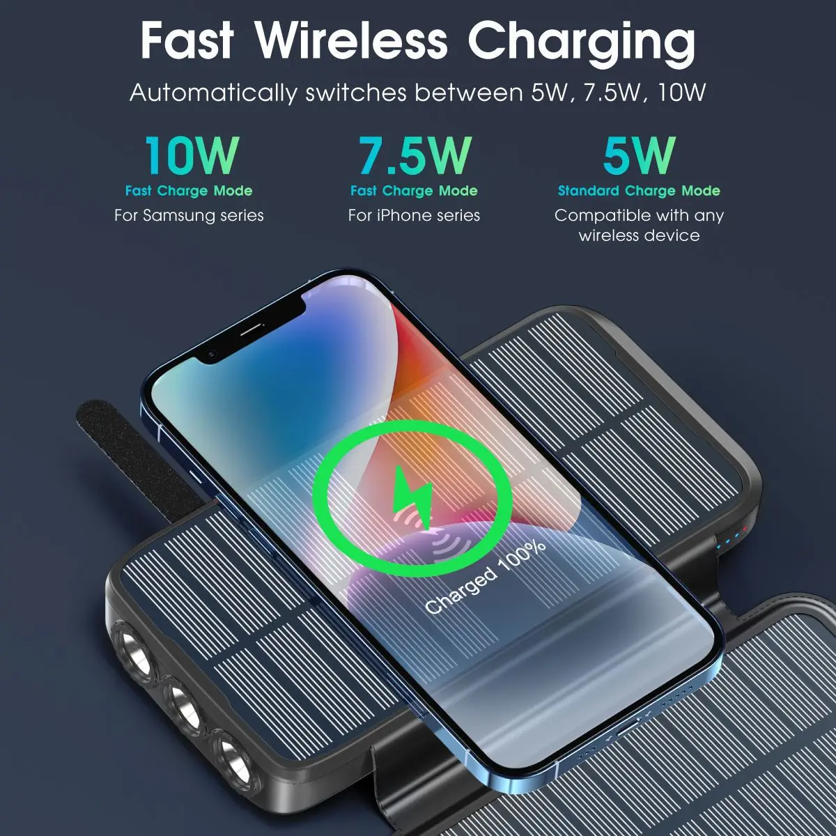 Bank energii słonecznej 43800mAh 10W ładowanie bezprzewodowe 20W PD szybka ładowarka Powerbank wbudowany kabel do iPhone 15 Samsung S21 Poverbank