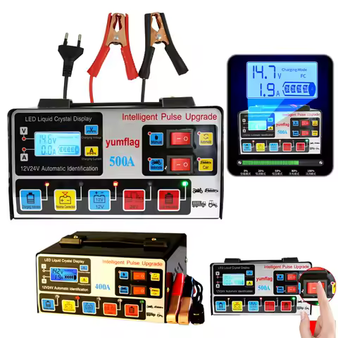 Metal Car Battery Charger 12V24V 220W High-Power Car Battery Charger Repair Battery Charger LCD Display for Lead-Acid AGM GEL