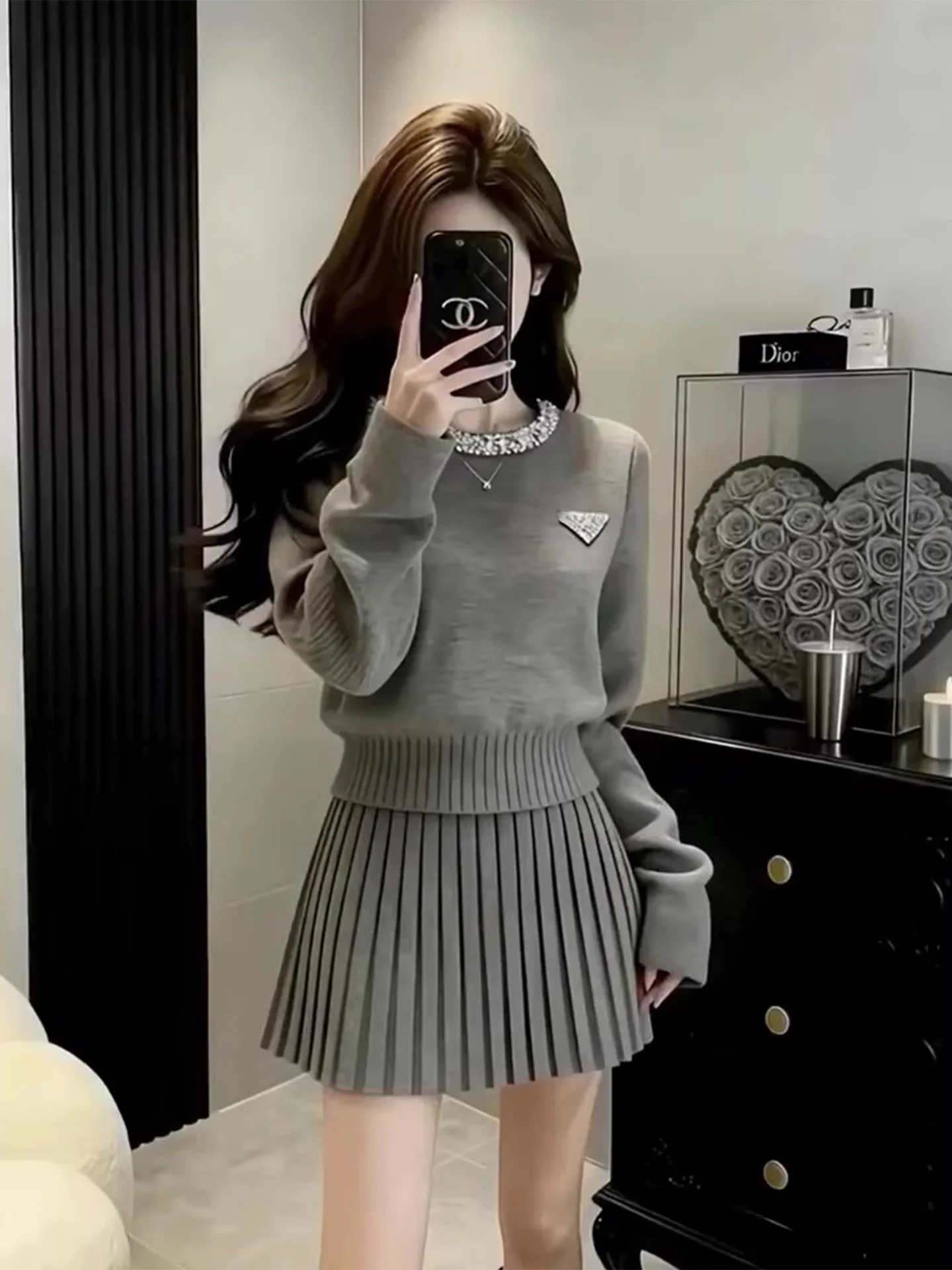

ey Sweater And Pleated Skirt Set Women's plus Size Lazy Sle Faionable Autumn Winter Outfit High Waist Loose Fit