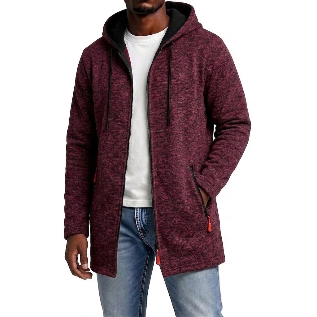 Neuer Herren-Hoodie mit Reißverschluss, lässiger mittellanger Sweatshirt-Fleece-Mantel, warmer Winter-Kapuzenmantel mit Reißverschlusstaschen. – Detail 10
