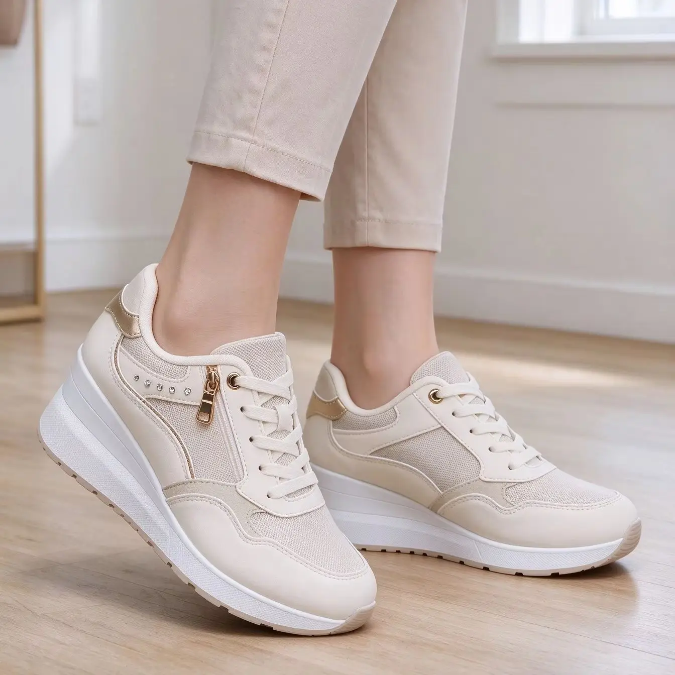 Women's Breathable Sneakers, Glitter Design Fashion Casual Shoes, Side Zipper, Wedge Platform Heel, Height Increasing, Versatile