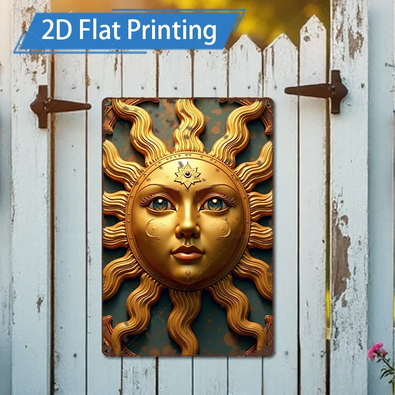 1pc 8x12inch Metal Sign Golden Sun Face Metal Art, Rustic Farmhouse Decor for Home & Garden