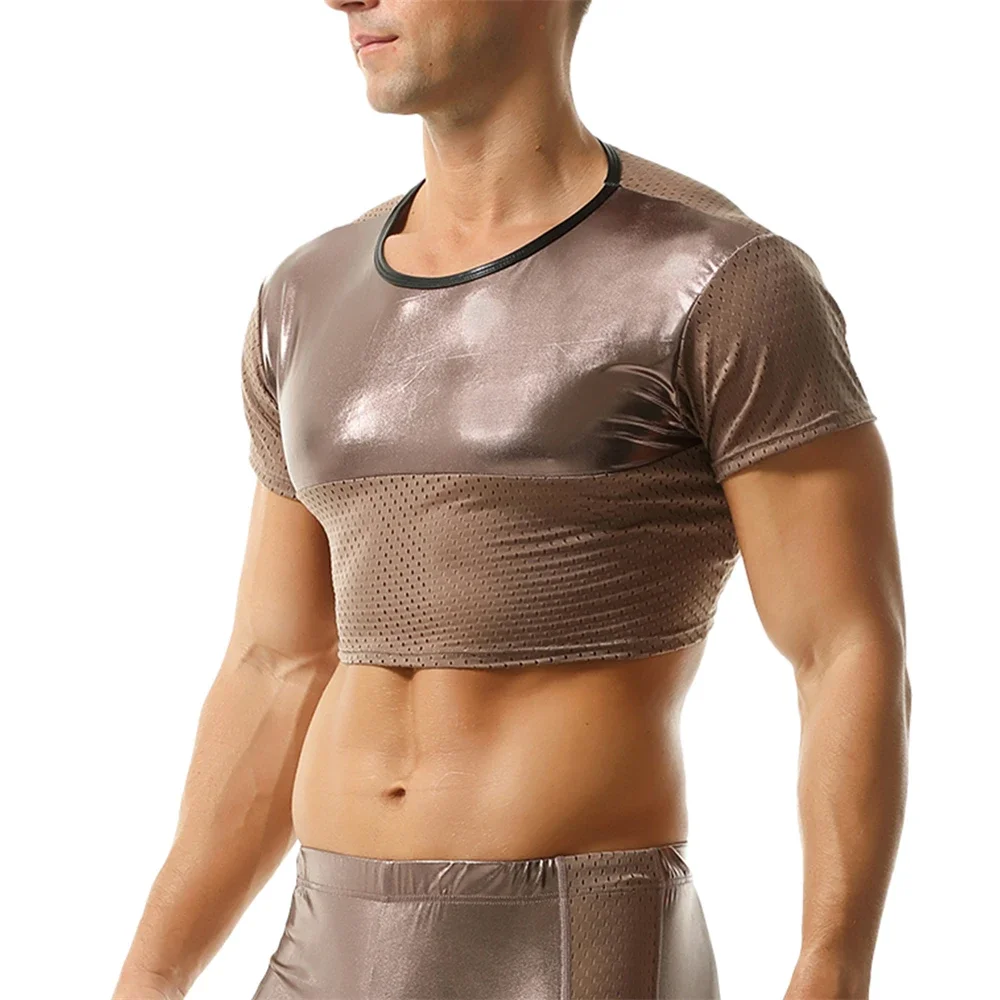 Men's Undershirts Splicing Mesh Faux Leather Breathable Crop Tops Oil Shiny Stretchy Short Sleeve T-shirts Dance Clubwear Tees