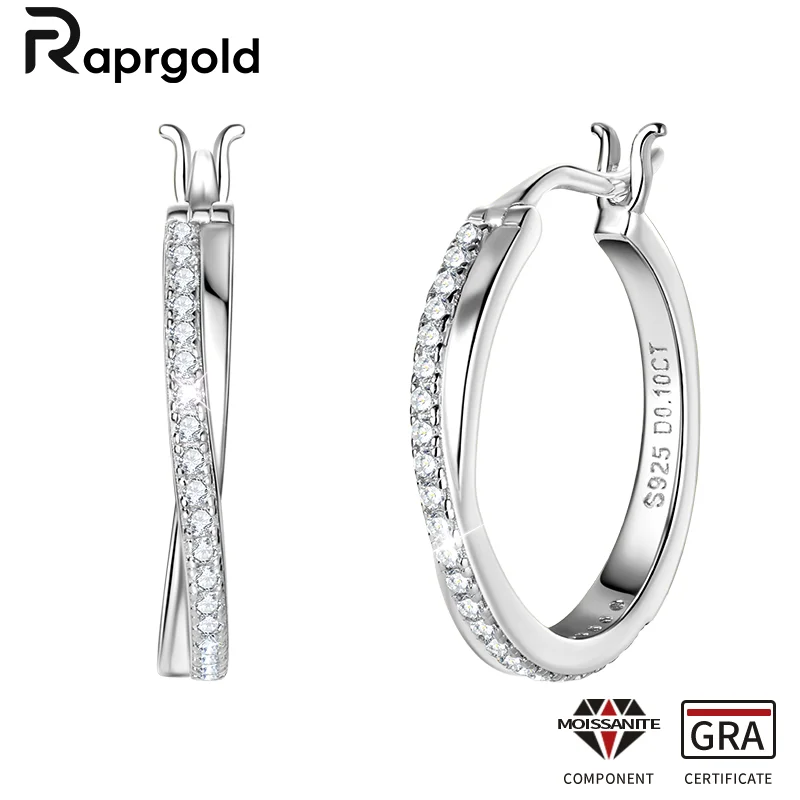 

RAPRGOLD Round Moissanite Hoop Earrings 925 Sterling Silver Exquisite Big Circle Earring for Women Fine Jewelry Gift Pendientes