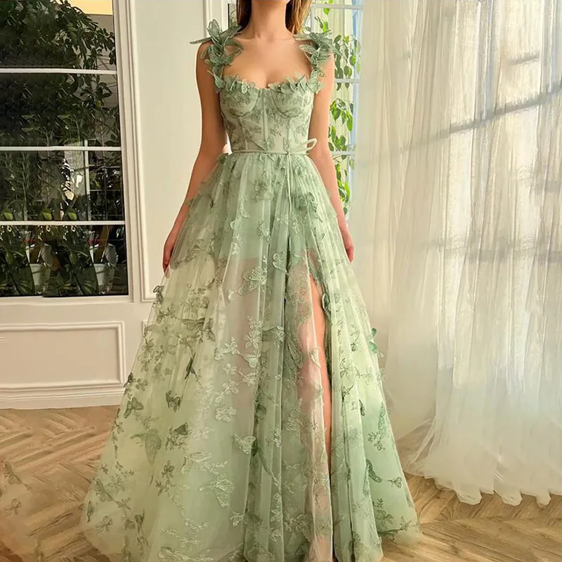 

Bridesmaid Suspender Mori Split Temperament Sexy Evening Dress Flower Lace Mesh Vestidos Fiesta De Lujo Vestidos Elegantes Mujer