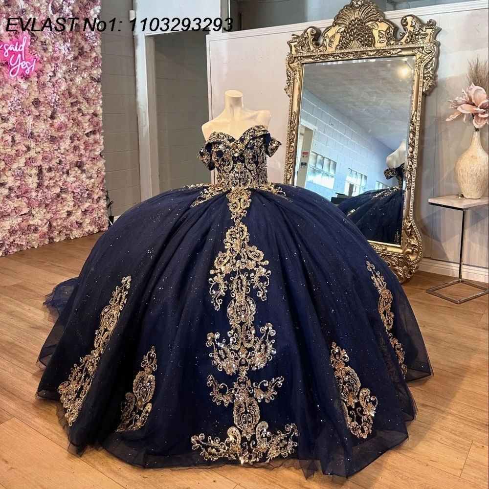 

EVLAST Customized Glitter Navy Blue Quinceanera Dress Ball Gown Gold Lace Applique Beaded Bow Sweet 16 Vestido De 15 Anos E1Q442