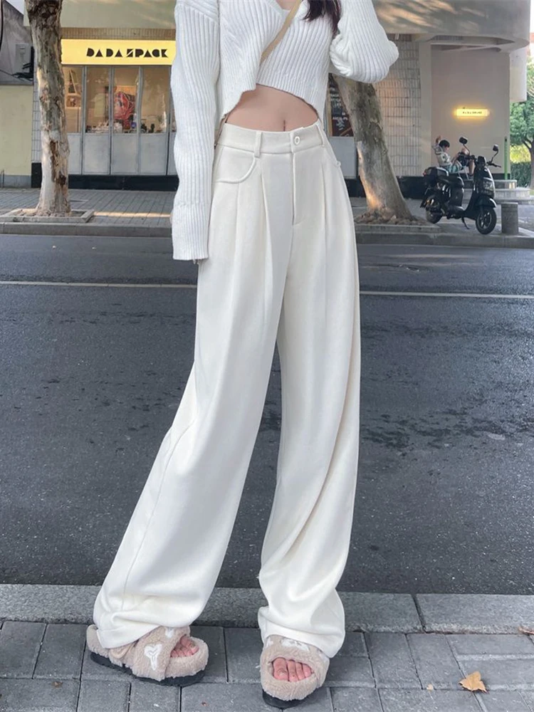 Vintage Corduroy Casual Pants Women Winter Thick Warm Loose Wide Leg Trousers Y2K Korean Streetwear All Match Straight Pants