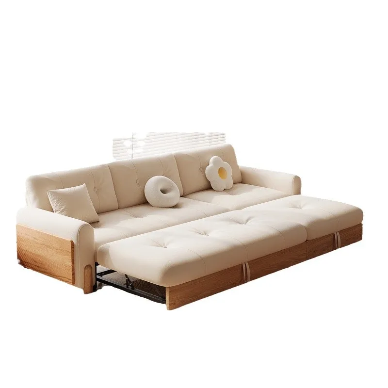 Straight row log wind sofa bed Solid wood log push-pull folding dual-purpose sofa combination