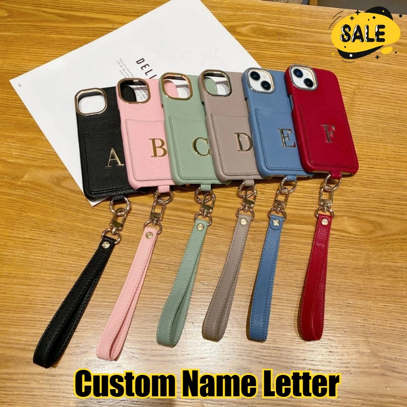 

Card Holder Gold Letters Custom Cover Name Phone Case for Iphone 15 14 Pro Max 14 15Plus Phone Lanyard Anti-drop Protector Cover