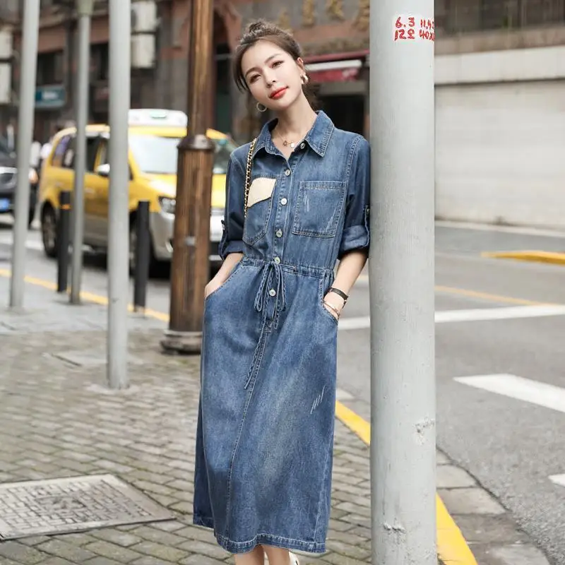 Long Sleeved Denim Dress For Women Turn-down  Collar Jeans Dresses Ladies Office Loose Summer Autumn Dress Vestido Femininos