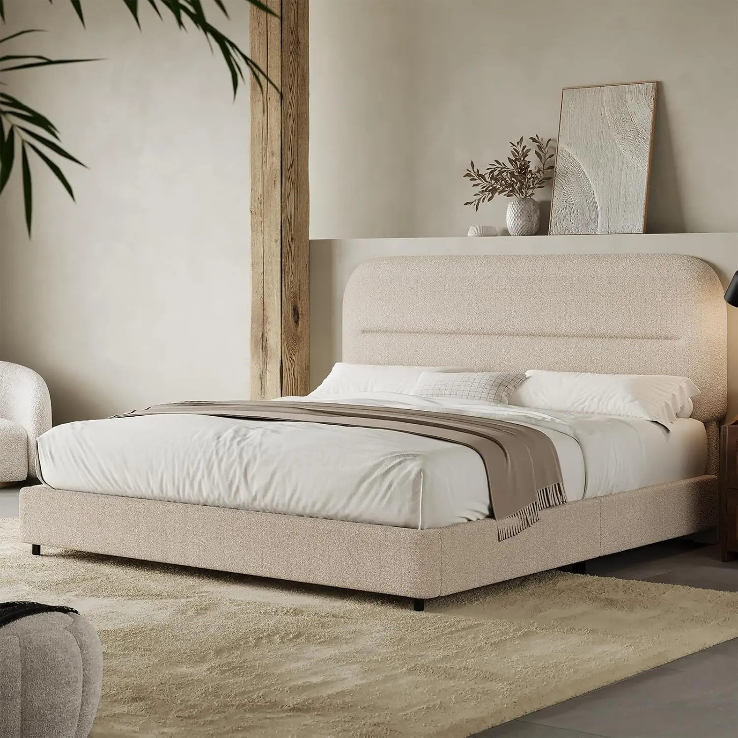 

Queen Size Boucle Bed Frame, Upholstered Cloud Bed Frame With Headboard, Soft Bed Frame With Thickened Footboard, Rounded