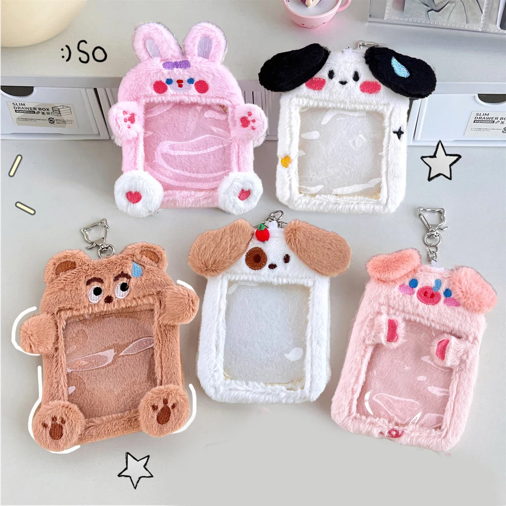 Cartoon Plush Idol Photo Protector Case With Buckle Cute Animal Shape ID Bank Card Holder Star Chasing Pendant Card Cover INS