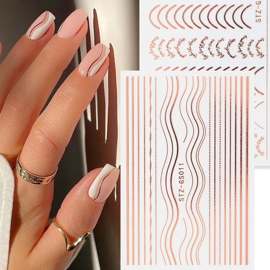 3D 로즈 골드 곡선 스트라이프 라인 스티커 편지 금속 테이프 디자인 젤 폴란드어 네일 데칼 호일 매니큐어 장식 NLSTZGS004-104