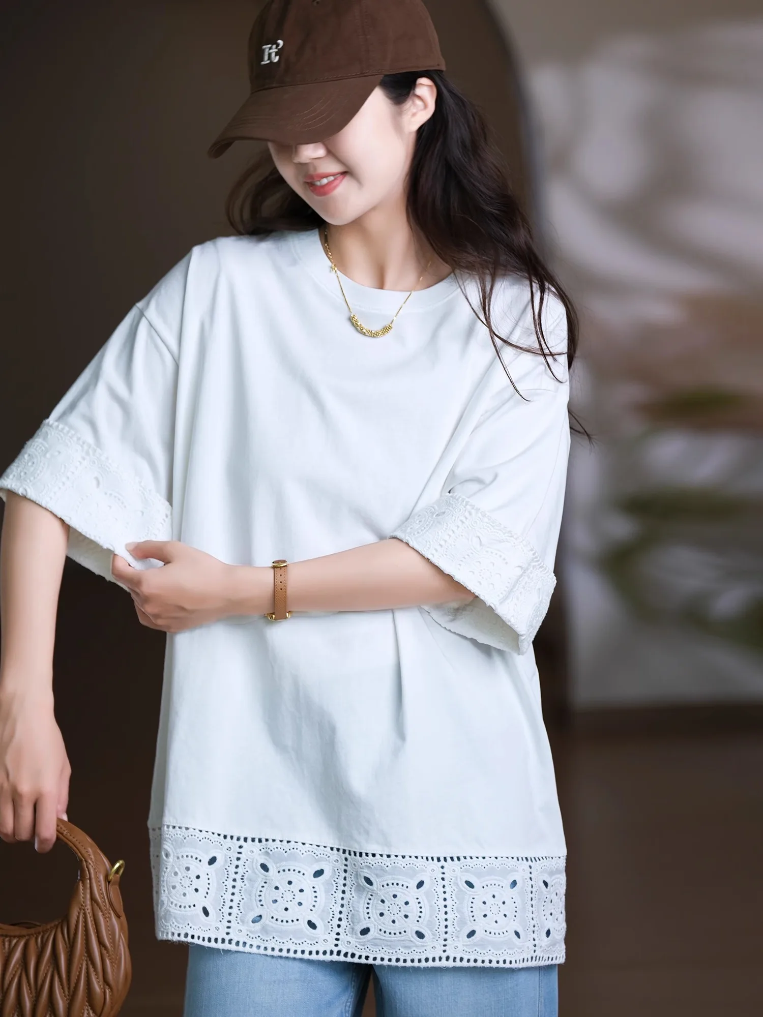 

Heavy Embroidery Lace Hollow out Cotton T-irt Women's Loose Fit Korean Sle Versatile Top Summer round Ne Svel