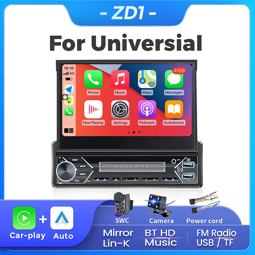 7 Inch 1 Din MP5 Player Android Autoo Wireless CarPlay Car Radio Stereo WiFi Bluetooth Handsfree GPS FM RDS USB IPS Screen