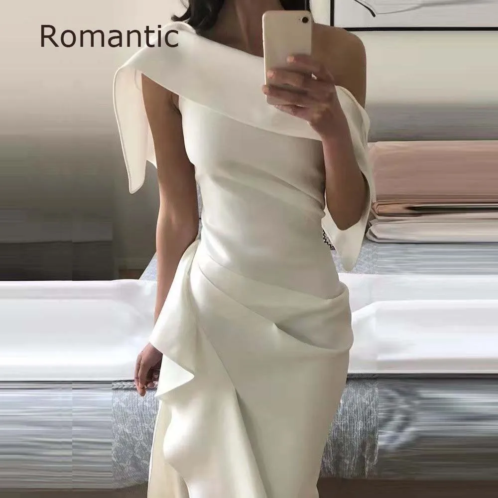 Romantic Elegant Mermaid Asymmetrical Satin Formal Prom Grown Side Slit White Exquisite One Shoulder Evening Dresses 2022 Women