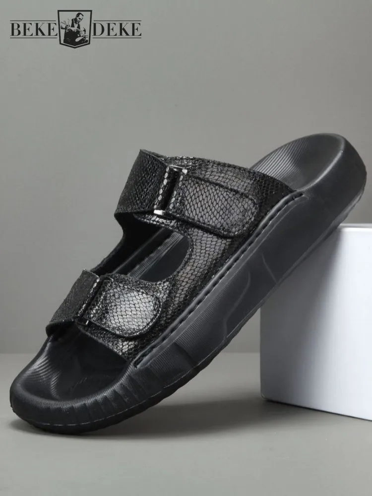 British Style Male Genuine Leather Leisure Wearing Outside Open Toe Elastic Band Mixed Color Handmade Cowhide Fashion Sandals